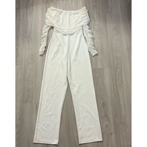 Quiz Jumpsuit Women White Off Shoulder Mesh Sleeve Wide Leg Size 10 UK 6 US